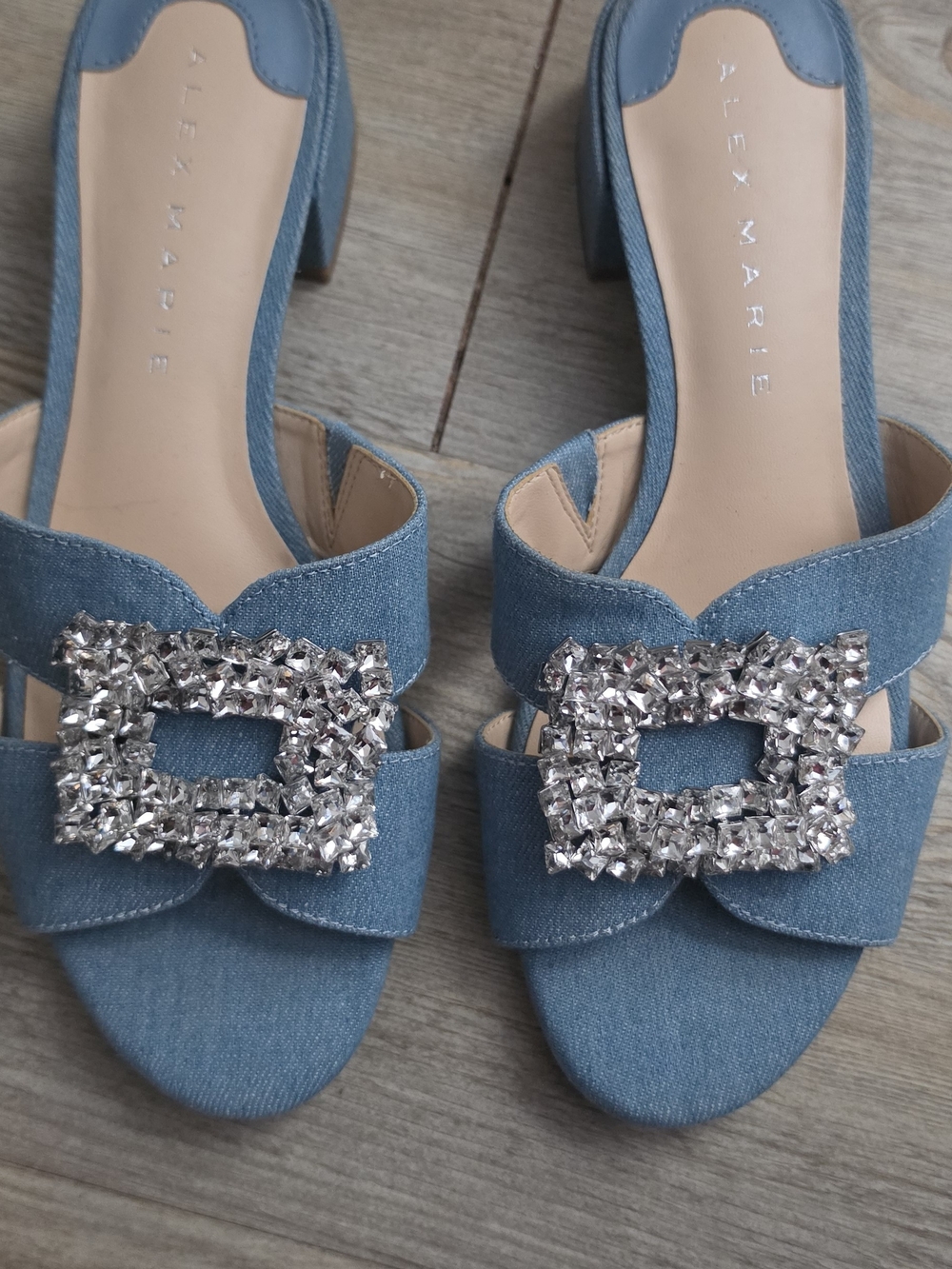 Alex Marie Light Blue Denim Crystal Buckle Block Heel Sandals